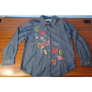 National Denim Embroidered Leaves Accents Long Sleeve Collared Fall Size Large